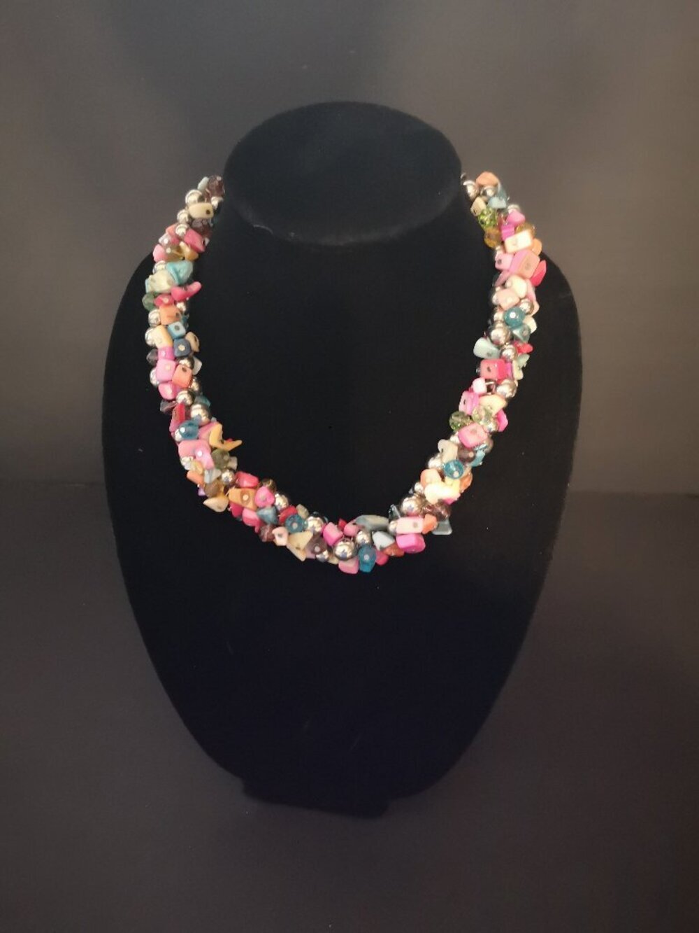 Beaded Artsy Cluster Multi Colored Necklace w/ Stones Shell Chips & Silver Beads